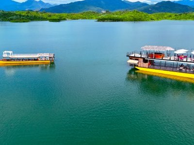 Our boats in the middle of Vang Vieng's lake